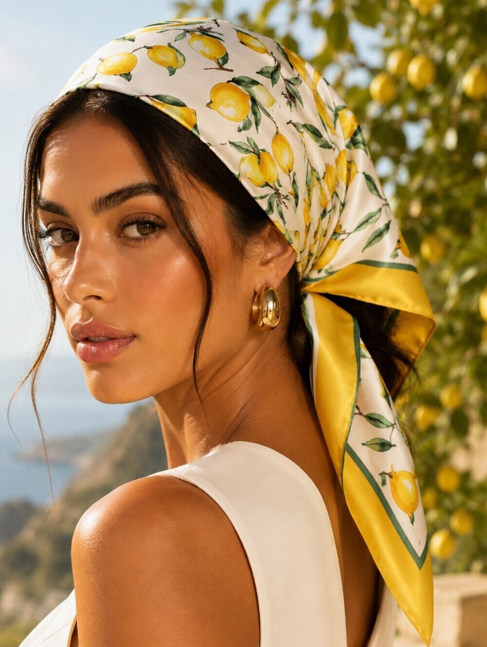 Lemon Print Silky Satin Scarf /Headscarf Yellow Green & White
